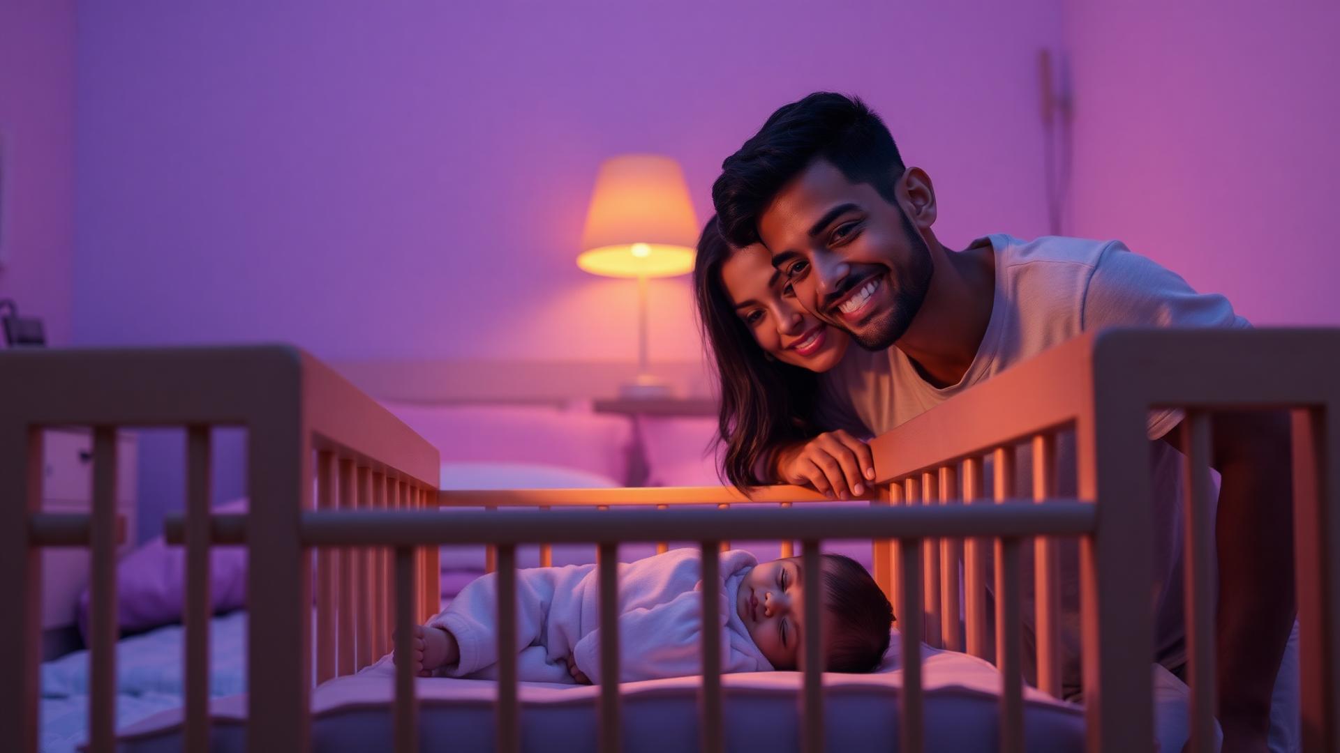 Família feliz observando o bebê dormindo tranquilamente no berço